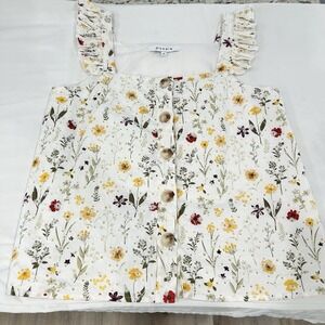 Moodie Floral Eyelet Ruffle Strap Boho Whimsy Coquette Top Blouse Buttons Medium